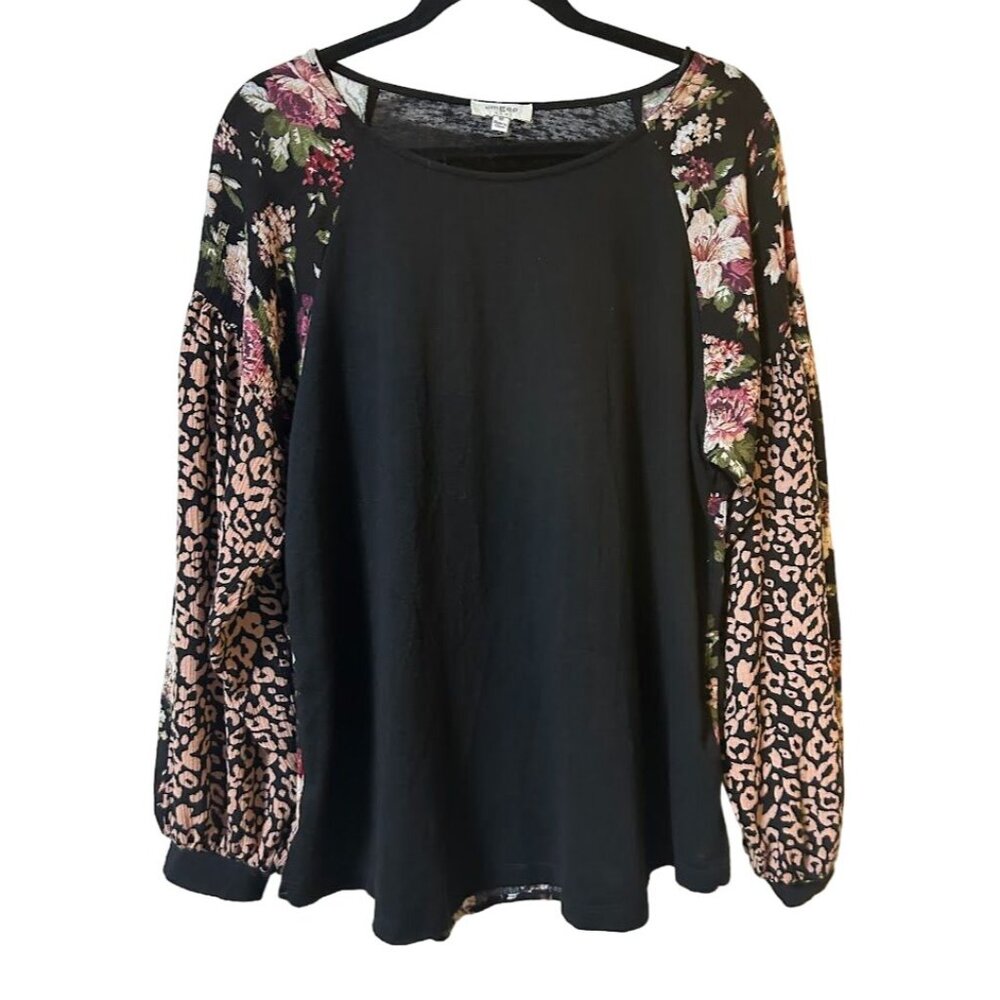 Umgee Black Blouse with Floral and Leopard Sleeves